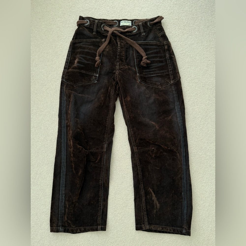 We the Free (Free People)  Moxi Flocked Brown Cropped Wide-Leg Jeans RARE